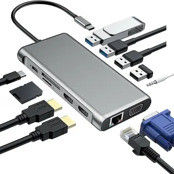 12 En 1 USB Tipo C CONCENTRADOR de Doble HDMI, Ethernet, USB 3.0, conector de Audio Multipuerto de 4 puertos USB Adaptador de eje para el MacBook