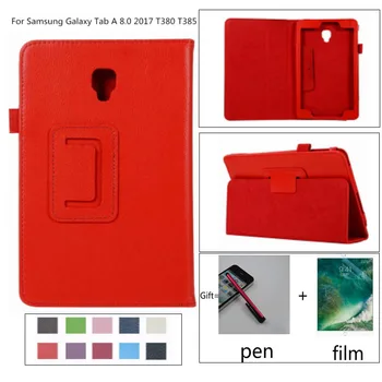 Ficha de Un 8.0 2017 Slim Litchi Folio de Cuero de la PU Caso Flip Cover Para Samsung Galaxy Tab Un 8.0 2017 T380 T385 SM-T385 caja de la Tableta+película