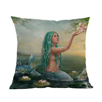 Hermosa Princesa de Fantasía Azul Sirena puesta de sol en el Pelo Largo Belleza Sexy Tiro de Almohada de Sofá de su Casa Decoración de la funda del Cojín