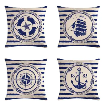 RUBULOVE Mar Azul Brújula Impreso Cojín de Cubierta Ancla Patrón de Navío de la Marina de Tiro funda de Almohada funda de Almohada Decorativa Casa Deocr