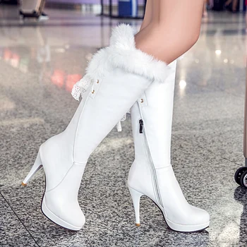 2021 de la Moda de la Rodilla Botas Altas de las Mujeres Botas de Invierno Gruesa Tacón Alto Botas Ronda de Deslizamiento En la Primavera de Otoño Zapatos de Mujer Negro Blanco