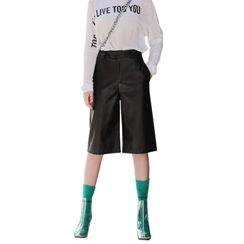 La primavera de moda otoño longitud de tobillo de la pu pantalones de las mujeres de cintura alta pantalones de pierna ancha