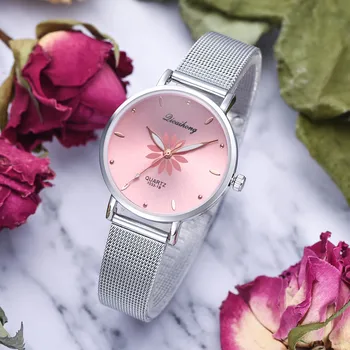 La mujer relojes de Pulsera de Lujo de Plata Populares de la Esfera Rosa Flores de Metal de las Señoras de la Pulsera de Reloj de Cuarzo de Moda Reloj de Pulsera de 2019 parte Superior Fi