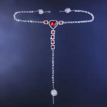 Stonefans Gran Corazón Rojo de Cristal de Piedra Thong Bikini de la Joyería para las Mujeres Sexy Cuerpo de diamante de imitación de la Cadena de Arnés de Cintura Plateado