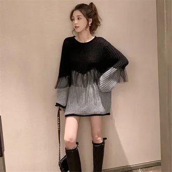 Ropa de Encaje Patchwork Pullovers 2019 coreana Otoño Nueva Moda Larga de las Mujeres Suéteres de Manga Larga del O-cuello de las Prendas de punto