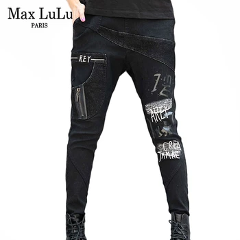 Max LuLu 2019 Coreano De La Moda De Las Señoras De Punk Ropa De Mujer Impreso Harén Pantalones Vintage De Streetwear Espesar Cálida Piel Jeans Talla Plus