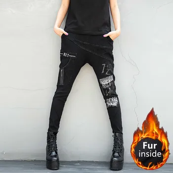 Max LuLu 2019 Coreano De La Moda De Las Señoras De Punk Ropa De Mujer Impreso Harén Pantalones Vintage De Streetwear Espesar Cálida Piel Jeans Talla Plus
