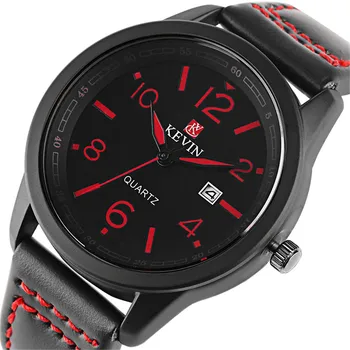 KEVIN de Lujo de los Hombres Millitary Relojes Negro/Rojo/Verde del Ejército Color de la Banda de Cuero Casual Hombre Reloj de Pulsera de Reloj de Cuarzo de la Hora De 2018 Nuevo