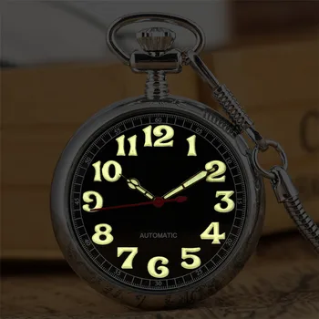 Retro Bolsillo Colgante Reloj Luminoso Números arábigos Pantalla Mecánico de cuerda automática Reloj de Bolsillo con 30 cm de Plata de la Cadena de Fob