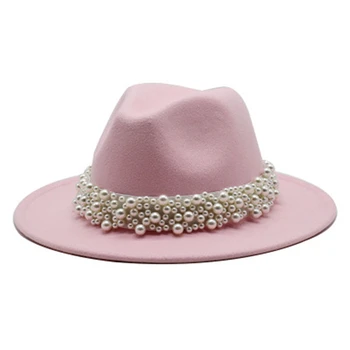 Las mujeres sombreros de invierno de ala ancha banda de la correa de la perla de lujo de la marca de jazz de tapas de la iglesia oficial de invierno, sombreros de las mujeres blanco rosa fedora de fieltro de los sombreros
