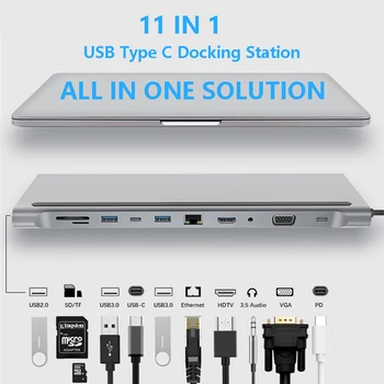 11 en 1 USB Tipo C Concentrador Adaptador del ordenador Portátil de la Estación de Acoplamiento HDMI, VGA, RJ45 PD Para MacBook HP Lenovo Superficie Compatible con Thunderbolt 3