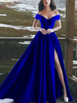 Sexy V Cuello Azul Real Vestidos de Noche Una Línea de Satén Largo de los Hombros Fuera de la túnica de fiesta la Longitud del Piso de División de Baile Fiesta Formal Vestidos de
