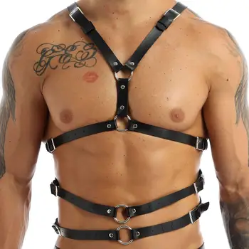 TiaoBug Hombres de Negro Ajustable de Cuero de la PU del Arnés de Metal Anillo/Cadenas Halter Cuerpo Sexy Pecho Cinturones de Punk Gótico Rave Traje Gay