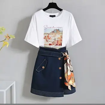 4xl parche más el tamaño de set de dos piezas de las Mujeres Irregulares Camiseta+ de mezclilla Faldas Trajes de Sólidos Tops Vintage Floral Falda Conjuntos Elegantes