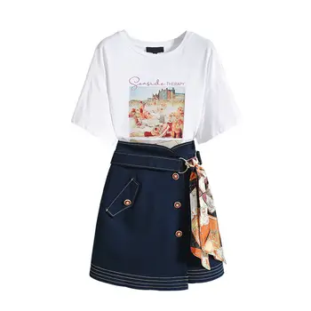 4xl parche más el tamaño de set de dos piezas de las Mujeres Irregulares Camiseta+ de mezclilla Faldas Trajes de Sólidos Tops Vintage Floral Falda Conjuntos Elegantes