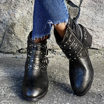 Las Mujeres Más El Tamaño De Tobillo Botas De Otoño De La Moda Femenina Martin Zapatos Cremalleras Bajo El Talón De Color Sólido De Crytal Invierno
