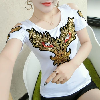 2020 Nuevo Verano coreano Ropa de los Hombros Fuera de la partida Brillante camiseta de las Mujeres Tops Sexy Back Ropa Mujer tocando Fondo Camisa de Tees T02709