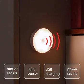 LED sensor de movimiento luz de la noche USB recargable de la ronda de la plaza de las luces de la noche para el dormitorio armario armario de cocina de la inducción de iluminación