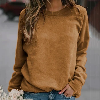 El otoño y el invierno nueva moda casual de manga larga de cuello redondo de color sólido suelta la camiseta de la camisa de las mujeres de la ropa