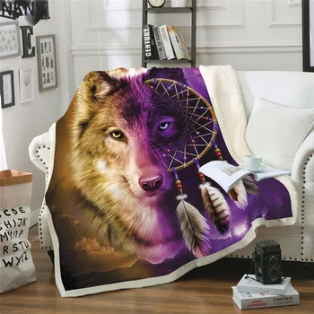 Ropa de cama de Lobo Con Atrapasueños Sherpa Tirar de la Manta 3D lobo Impreso Colcha de color Púrpura-marrón Peluche manta manta de lana