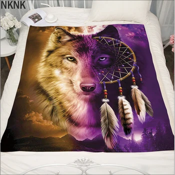 Ropa de cama de Lobo Con Atrapasueños Sherpa Tirar de la Manta 3D lobo Impreso Colcha de color Púrpura-marrón Peluche manta manta de lana