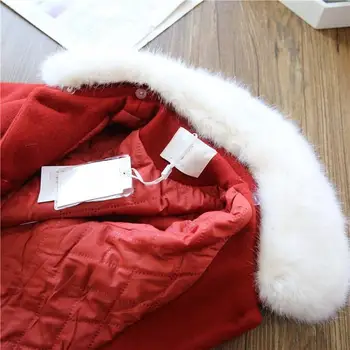 La navidad Elegante conjunto de Chicas ropa de Niños de la princesa de Rojo vestido de 2 piezas traje de niña de vestido de fiesta de preparar a los niños cuello de Piel con capucha de la chaqueta