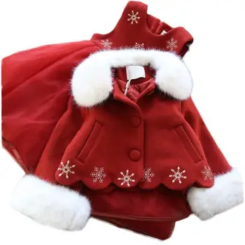 La navidad Elegante conjunto de Chicas ropa de Niños de la princesa de Rojo vestido de 2 piezas traje de niña de vestido de fiesta de preparar a los niños cuello de Piel con capucha de la chaqueta