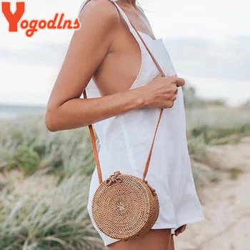 Yogodlns 2021 Ronda de Sacos de Paja para las Mujeres de Verano de Mimbre Tejidas Bolsa de Playa hecha a Mano Tejido Crossbody Bolsa de Hombro Bolso de Bohemia