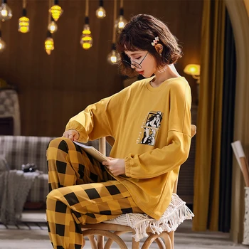 MELIFLE de Moda Otoño Amarillo Conjunto de Pijama para Mujer Invierno Cálido Satén Suave de la Mujer ropa de dormir de Algodón Kawaii de Seda ropa de Dormir