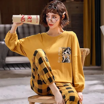 MELIFLE de Moda Otoño Amarillo Conjunto de Pijama para Mujer Invierno Cálido Satén Suave de la Mujer ropa de dormir de Algodón Kawaii de Seda ropa de Dormir