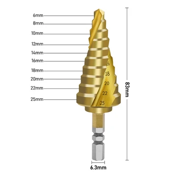 6-25mm Pagoda en Forma de Paso de Cono de la Broca Espiral de Mango Hexagonal HSS Titanio Recubierto