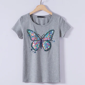 IZevus para Mujer de la Ropa de Verano Camisetas con Lentejuelas de la Mariposa de Impresión O-cuello de Manga Corta Kawaii Mujer Camiseta Más el Tamaño de la Chica Tops