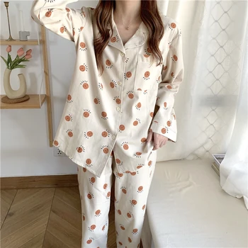 Mujer de Sun de la flor de impresión de pijamas de la primavera de las mujeres de moda de manga larga de algodón pijama conjunto de tops, pantalones, conjuntos de ropa de dormir hogar femme L165