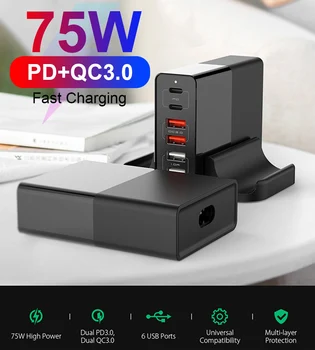 URVNS 75W PD3.0 USB Cargador de Carga Rápida 3.0 de control de calidad Tipo C EP Rápido Cargador USB Para el Macbook Pro, iPhone, Samsung, Xiaomi Teléfono Celular