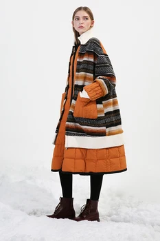 IRINAY037 2020 Diseño Original de la Nueva Llegada casual de gran tamaño abrigo de invierno largo a rayas de lana de patchwork pato blanco abajo chaqueta de las mujeres