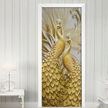 Puerta de la etiqueta Engomada de la Moderna Relieve Golden Peacock fondo de pantalla de la Sala Dormitorio Hogar Decoración de la Pared Pegatinas de PVC Auto-Adhesivo Pegatinas de Pared