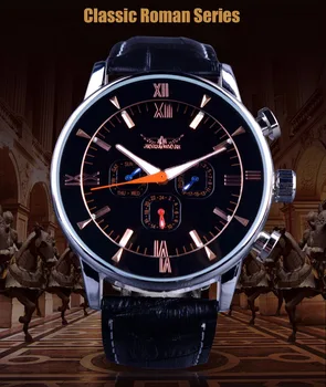Jaragar Clásico Automático De 6 Manos Calendario De Las Manos Luminosas Banda De Cuero Negro Para Hombre Relojes De Lujo Empresarial Mecánico Masculino Reloj