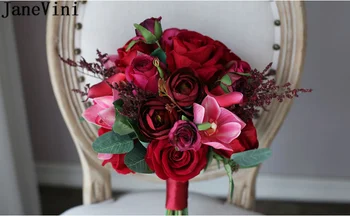 JaneVini Flores de la Boda ramo de Novia Rojo de la flor de rose Encantos Artificial Cymbidium Calla lily Novia de la Mano Titular de Ramo de Flores