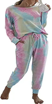 Las mujeres Tie Dye Pijama Conjunto de Sudadera de Manga Larga y Pantalones Largos Salón de Conjuntos de ropa de dormir de cierre Elástico Cómodo Dormir bien