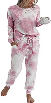 Las mujeres Tie Dye Pijama Conjunto de Sudadera de Manga Larga y Pantalones Largos Salón de Conjuntos de ropa de dormir de cierre Elástico Cómodo Dormir bien