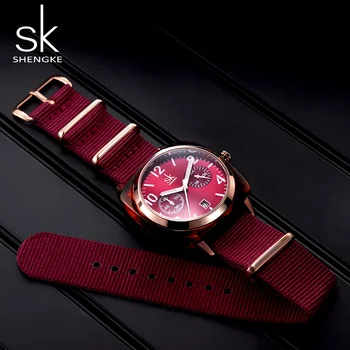 Shengke Ver a las Mujeres de la Moda de Nylon de la Banda de la Mujer Relojes de Lujo de Oro Rosa Relojes de las Mujeres de SK Reloj de Señoras del Reloj Reloj Mujer