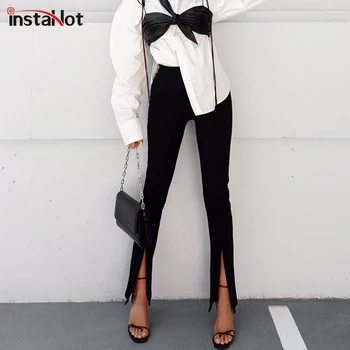 InstaHot Mujer Elegante Pantalón De Talle Alto Negro Split Slim Otoño Señora De La Oficina Casual Pantalones 2020 De La Moda De La Llamarada De La Rendija, Pantalón Negro