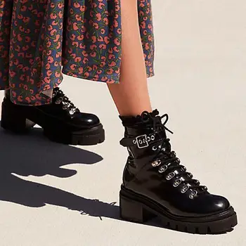 Las mujeres Botas de Otoño capa de pintura de la Moda de Cuero de Patente Dedo del pie Redondo de Encaje-hasta Combatir los Zapatos de Nieve de las Señoras de la Oficina de Botas