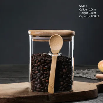 3 especificaciones de 800-1200 ml de vidrio sellado del tanque de almacenamiento con una cuchara de madera caja de especias de grano de café tanque de almacenamiento de utensilios de cocina cuadro