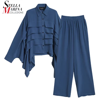 Nueva 2021 Mujer Primavera Casual Conjunto De Dos Piezas De Color Azul Sólido En Cascada De Volantes Blusa Y Recta Pantalones De Las Señoras Elegantes Trajes 6988