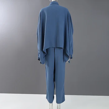 Nueva 2021 Mujer Primavera Casual Conjunto De Dos Piezas De Color Azul Sólido En Cascada De Volantes Blusa Y Recta Pantalones De Las Señoras Elegantes Trajes 6988