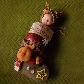 Bebé recién nacido Bebé de Navidad Grande Calcetines Fotografía Props Niño Niña Trajes Sombrero y Mono Conjunto de Bebe de la Foto de la Ropa Jumsuit
