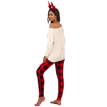 Las mujeres de Navidad de Largos Trajes de Cuello Redondo Impresa Cartas de la parte Superior de la tela Escocesa de Elástico en la Cintura de Tobillo-Longitud de los Pantalones Femeninos Pijama Conjuntos de 3 Colores