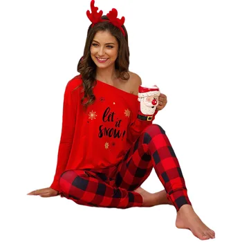 Las mujeres de Navidad de Largos Trajes de Cuello Redondo Impresa Cartas de la parte Superior de la tela Escocesa de Elástico en la Cintura de Tobillo-Longitud de los Pantalones Femeninos Pijama Conjuntos de 3 Colores