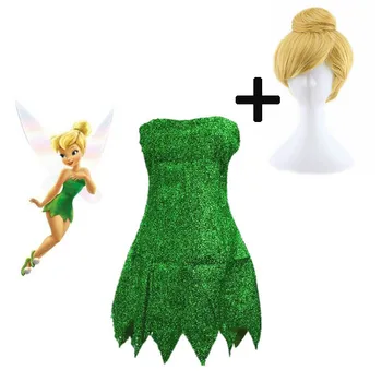 Pixie de Hadas Traje de Cosplay Tinker Bell Verde adulto Vestido de Tinkerbell para fiestas de Halloween Sexy Cosplay Mini Vestidos Con Peluca